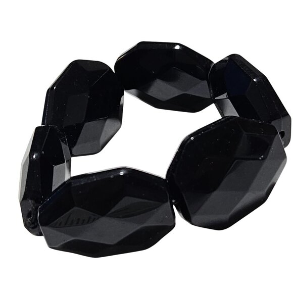 Vintage Black Faceted Bead Stretch Bracelet Large Chunky Style Retro 60s Fashion - Picture 1 of 3